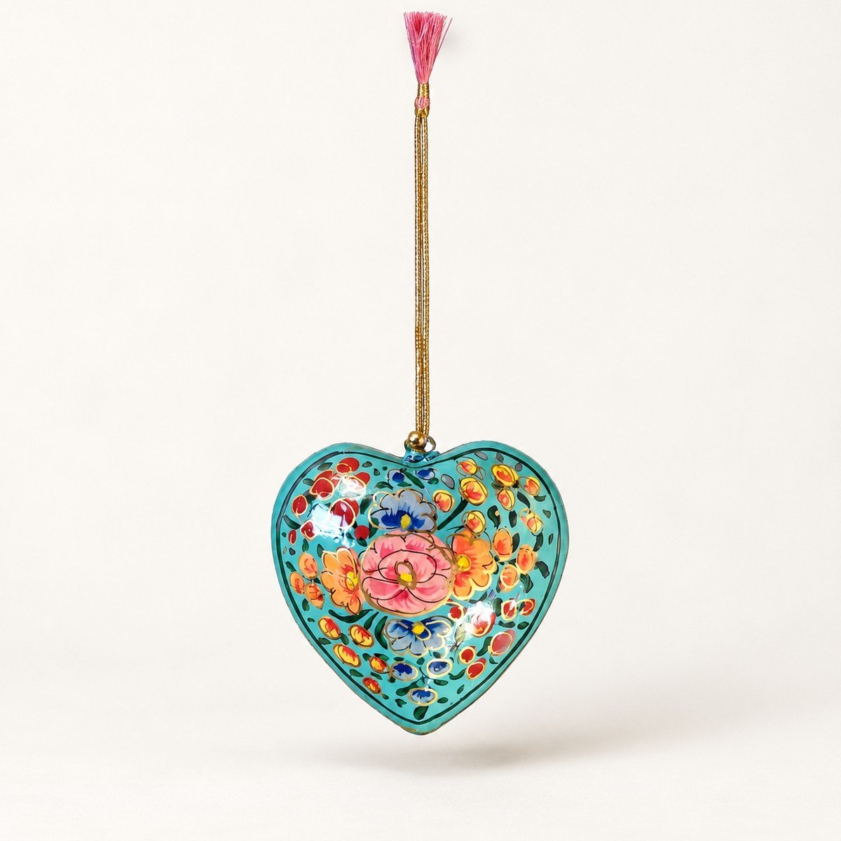 Hand-Painted Papier Mache Heart – Teal with Pink Flowers
