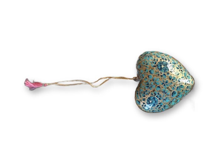 Hand-Painted Papier Mache Heart – Teal & Gold