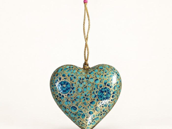 Hand-Painted Papier Mache Heart – Teal & Gold