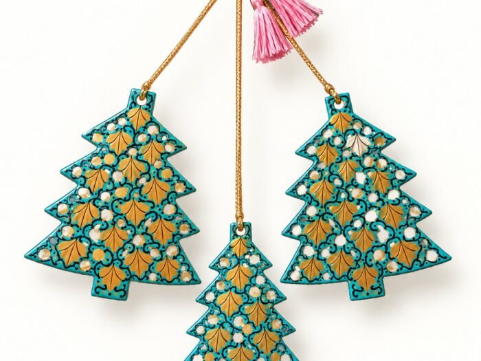 Hand-Painted Papier Mache Tree Set of 3 – Teal & Gold