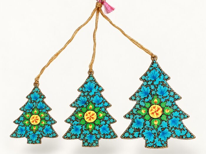 Hand-Painted Papier Mache Tree Set of 3 – Teal with Yellow Flowers