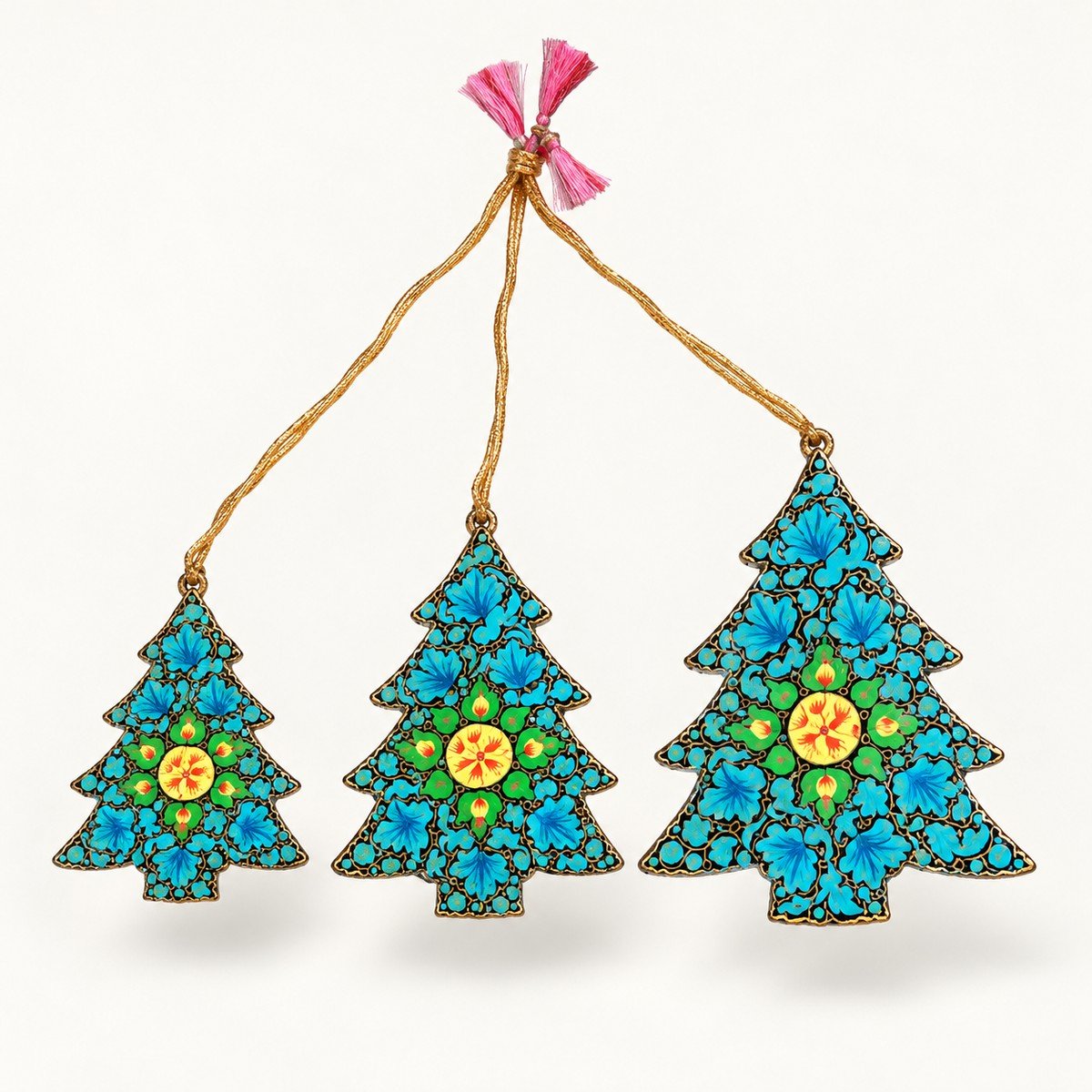 Teal papier mache tree ornaments hand-painted in Kashmir with fine patterns and yellow flowers on teal