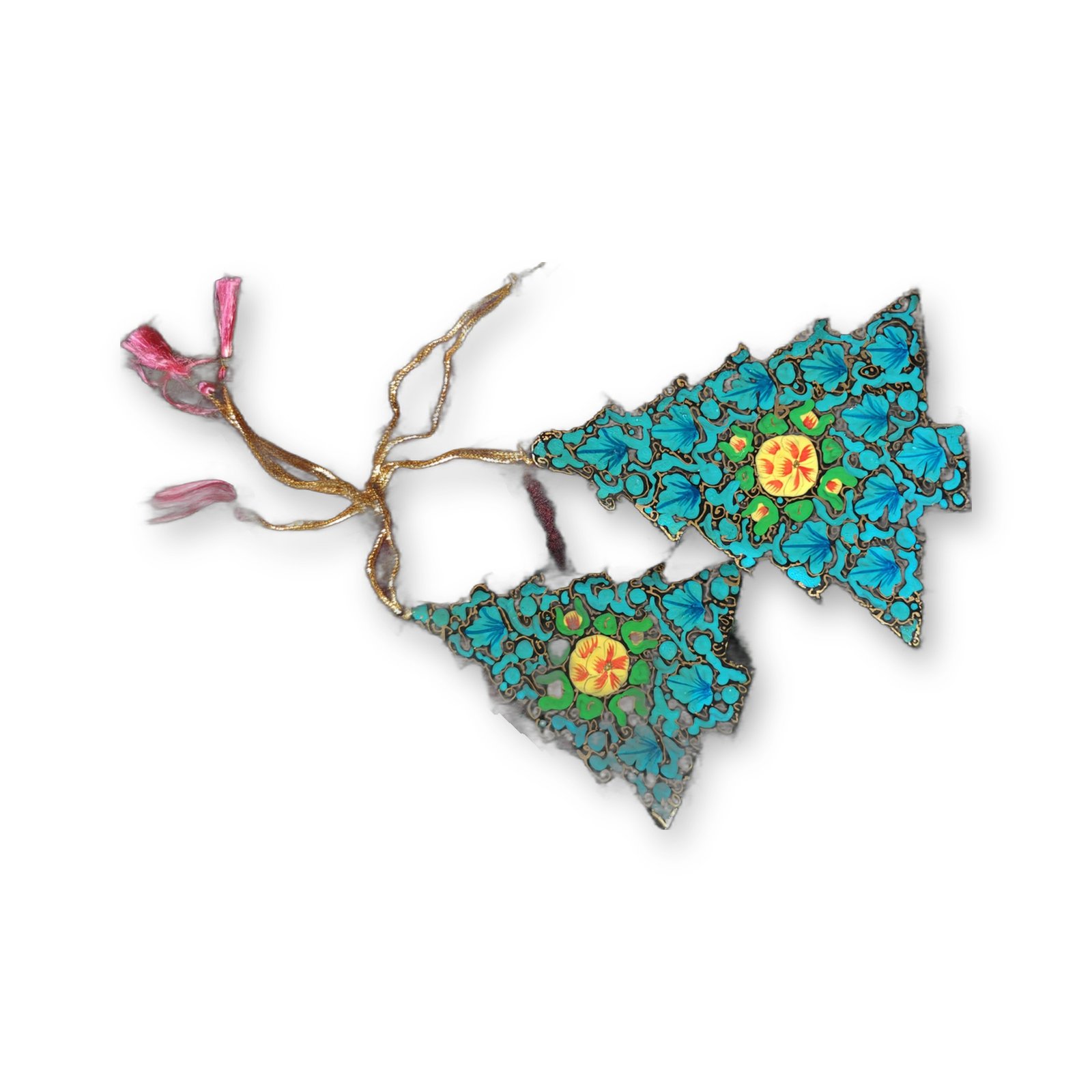 Hand-Painted Papier Mache Tree Set of 3 – Teal with Yellow Flowers